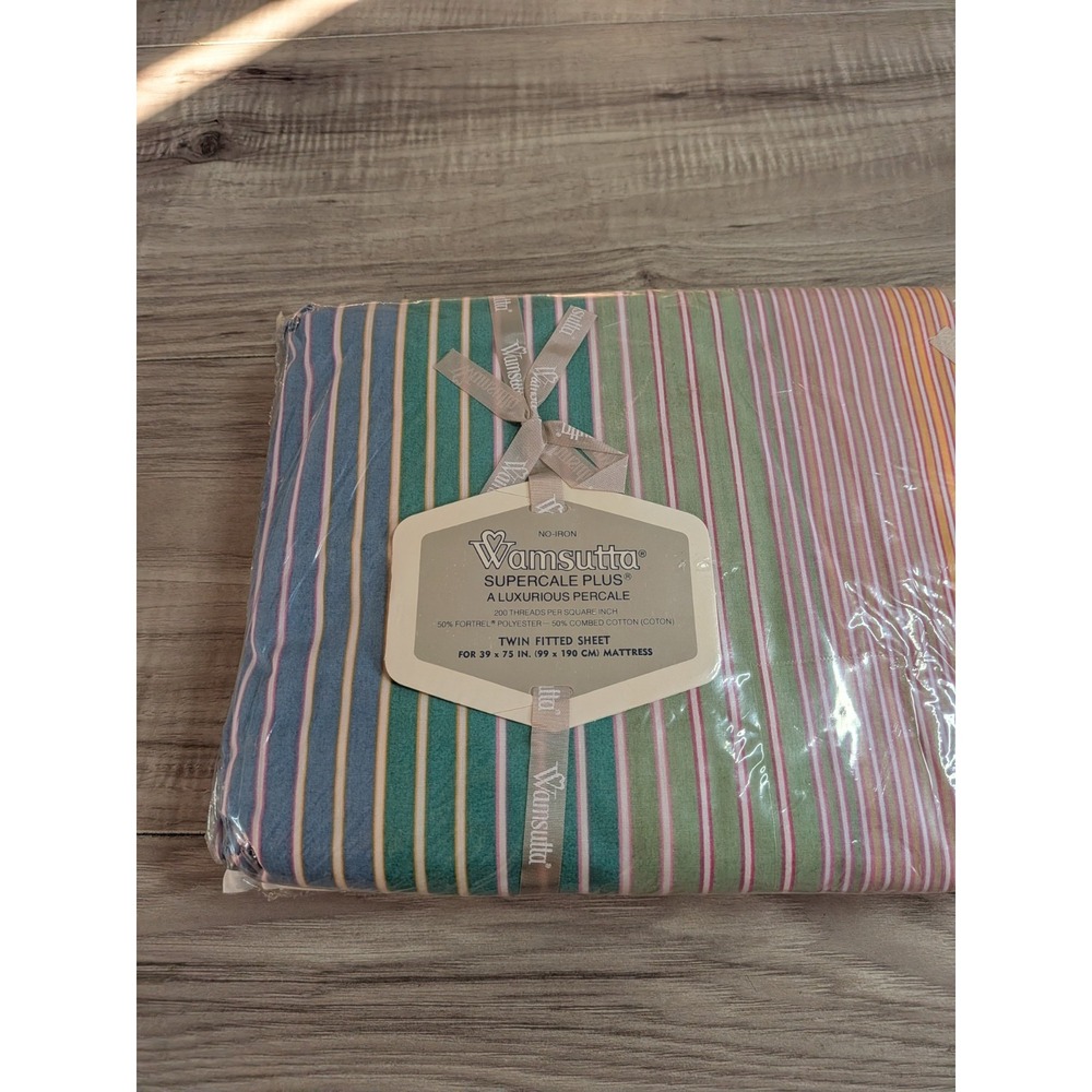 Vintage 1980s Wamsutta Prism Twin Fitted Sheet Striped Rainbow NEW Sealed - Picture 2 of 12